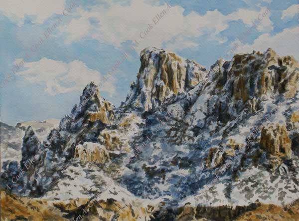 Ellen A. Cook watercolor of Pusch ridge with Snow Tucson